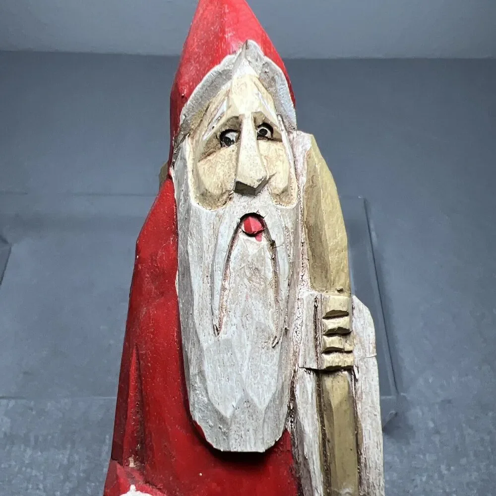 Rustic Hand-Carved & Hand-Painted Santa Wooden Tall Slim Figurine Green Red 8
